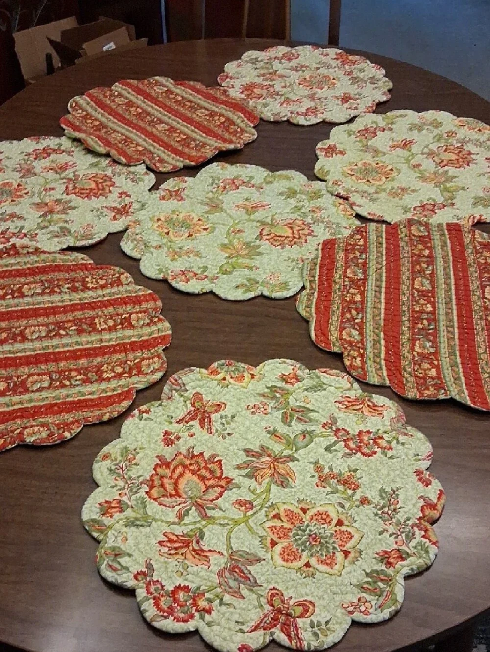 Quilted Floral Scalloped Placemats - Sage Green with Coral Accents (Set of 8)